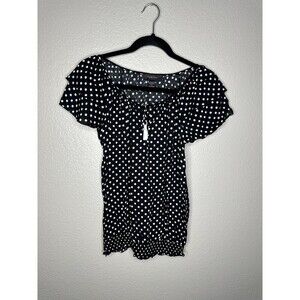 Sponse Shirt Womens Small Black White Polka Dot Flutter Sleeve Elastic Hem Top